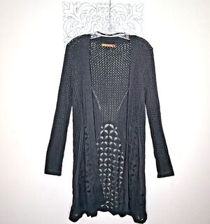 BELLDINI Women's size LARGE Open Front Sweater Cardigan Eyelet Knit Dark GRAY